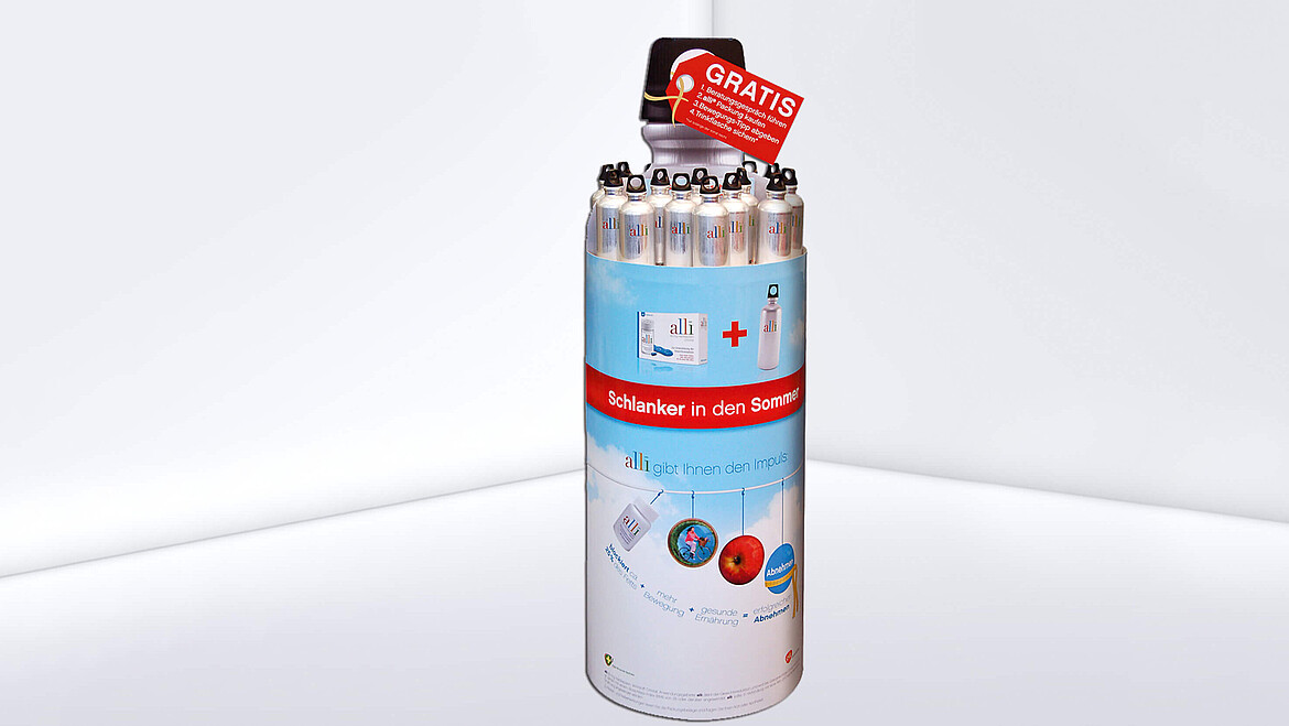 Round display in the shape of a stainless steel drinking bottle