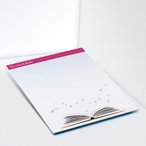 Printed note pad made from white paper with book print