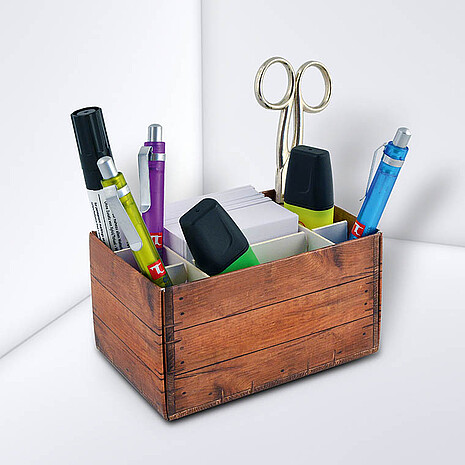 Printed cardboard box with integrated cardboard dividers and white notes