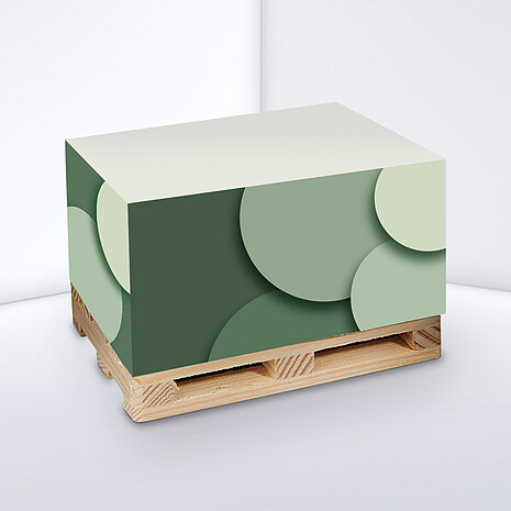 Note cube made from white recycled paper with side print on a mini wooden pallet