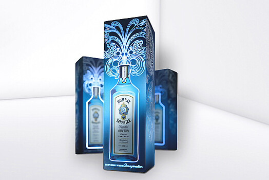 Blue illuminated folding box for gin bottles