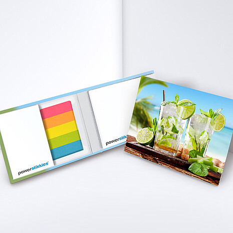 Two white adhesive note pads with five multi-coloured paper markers in printed hard cover