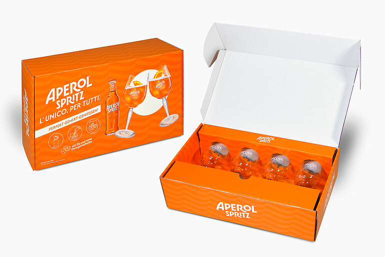 Inside the packaging (Aperol Spritz): Precisely fitting cardboard inserts secure the glasses and reliably protect against breakage during transit. (c) Karl Knauer KG