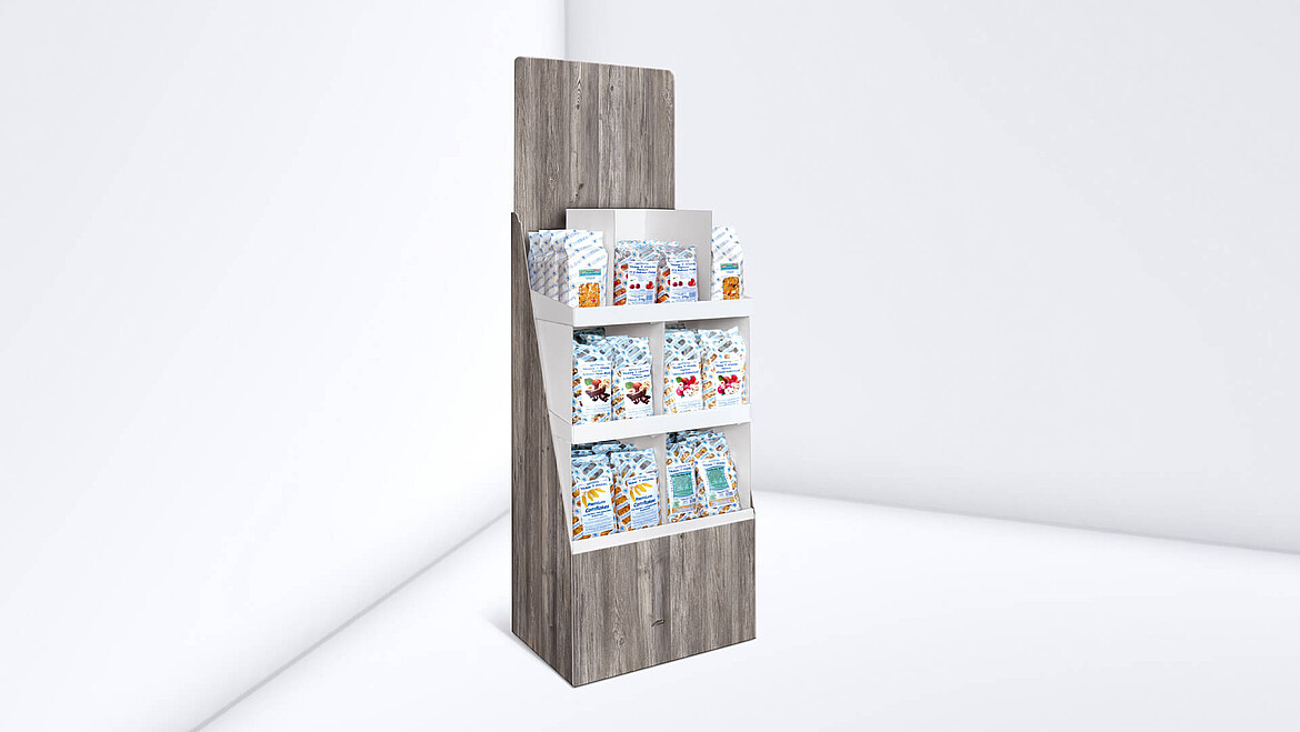 Wood look display for muesli packaging