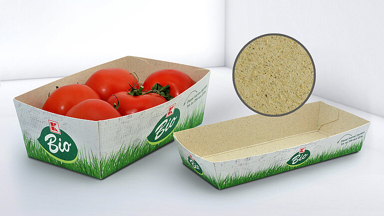 Natural-looking cardboard tray filled with tomatoes