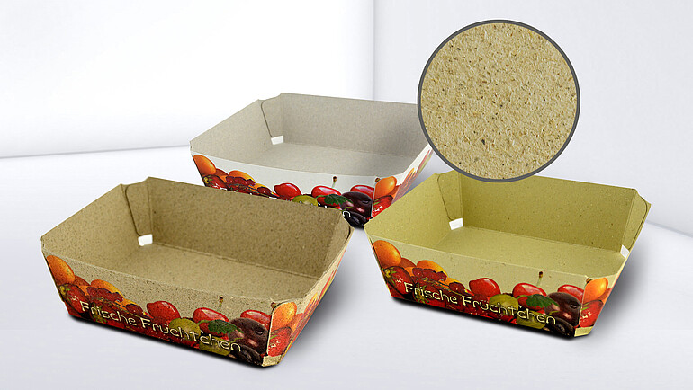 Grass paper cardboard trays printed with fruit