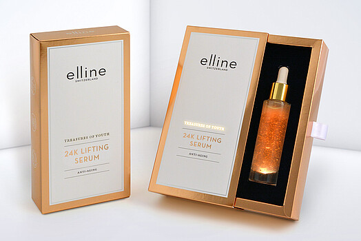 Sliding box for cosmetic serum with illuminated writing
