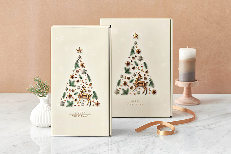 Beige gift packaging with Christmas designs printed on
