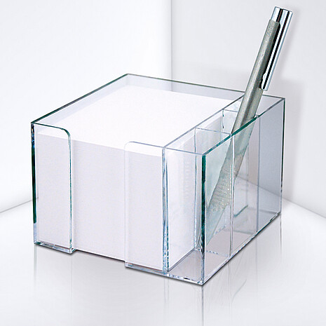 Printed plastic box with centre recess, pen holders and white notes