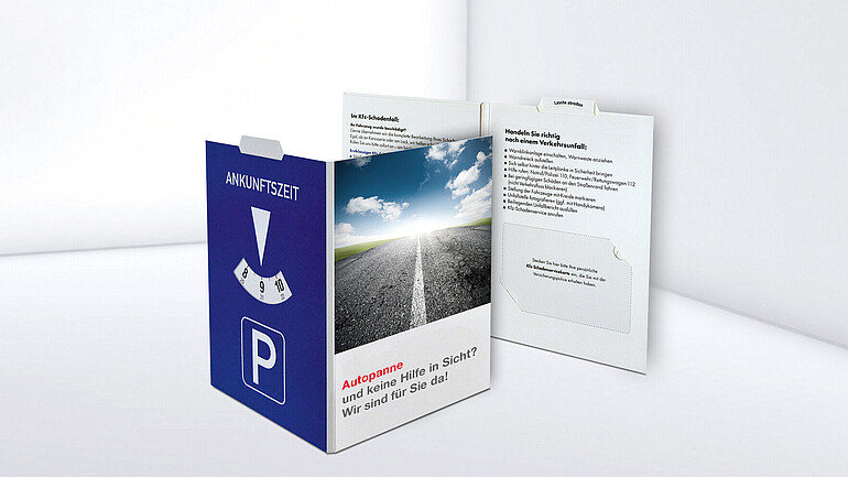 Fold-open parking disc printed with text